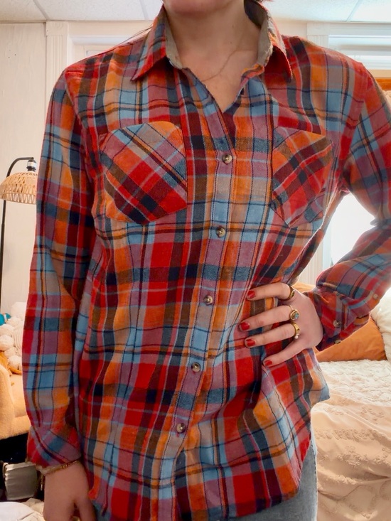 Tops - Casual Red, Orange & Blue Plaid Boyfriend Button-Up Flannel Shirt | Size S